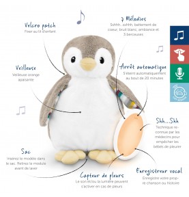 Peluche veilleuse bruit blanc Phoebe le pingouin signée Zazu avec de nombreuses fonctionnalités