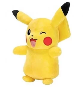 Peluche Pokémon Pikachu officielle de 30 cm signée Bandai, vue de profil