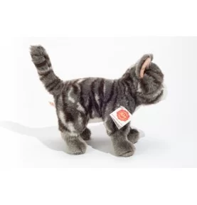 Peluche chat tigré gris debout - 20 cm signée Teddy Hermann, vue de profil