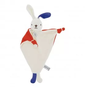 Doudou Lapin Pitola - 27 cm bleu blanc rouge signé Les Petites Maries