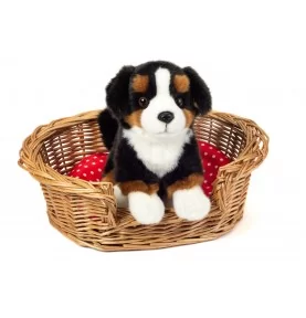 Peluche bouvier bernois assis - 21 cm signée Teddy Hermann, dans un panier en osier