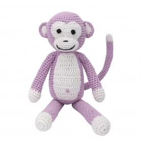 Doudou singe rose pastel au crochet avec grelot signé Sindibaba