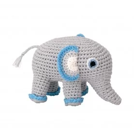 Doudou éléphant gris-bleu au crochet avec grelot signé Sindibaba