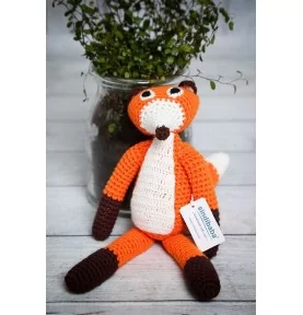 Doudou renard orange au crochet avec grelot signée Sindibaba