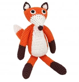 Doudou renard orange au crochet avec grelot signée Sindibaba