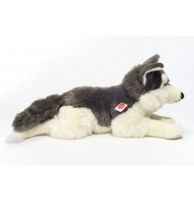 Peluche chien Husky couché - 60 cm signée Teddy Hermann, vue de profil