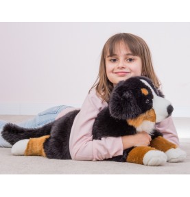 Jeune fille jouant avec Peluche chien bouvier bernois couché - 60 cm signée Teddy Hermann